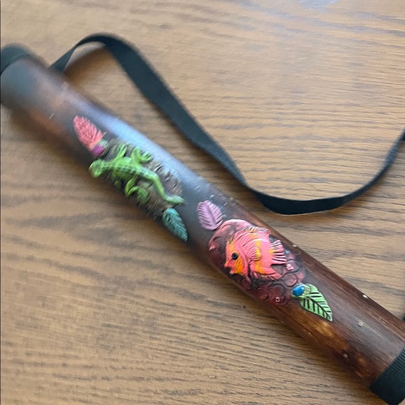 Handcrafted Wooden Rainstick with Colorful Animal Design with Shoulder strap.